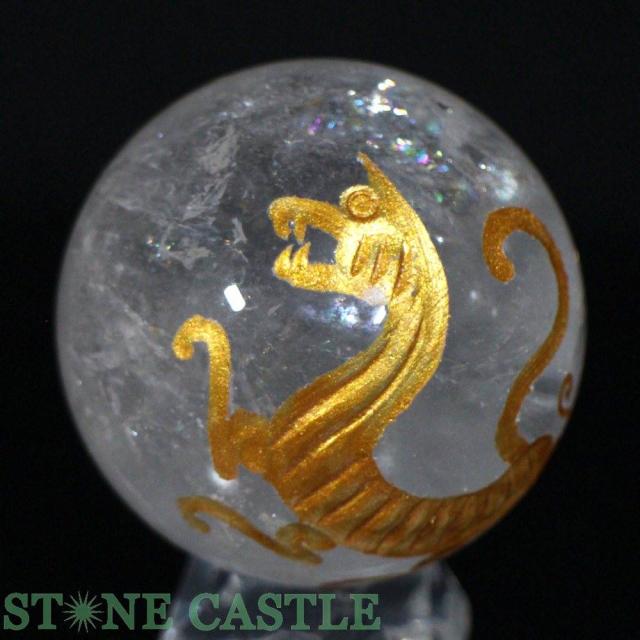 ☆一点物☆【彫刻置物】丸玉 レインボー水晶 白虎 (金彫り) 約