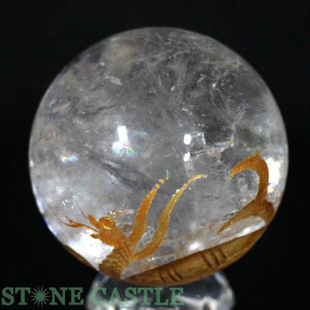 ☆一点物☆【彫刻置物】丸玉 レインボー水晶 玄武 (金彫り) 約50mm No.31 天然石 パワーストーン_3