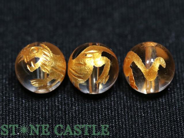 【彫刻ビーズ】水晶 10mm (金浅彫り) 四神獣 (半連売り) 各種 天然石 パワーストーン