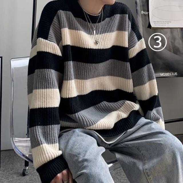 ニット メンズ トップス 韓国系 ボーダー 人気 セーター b13729 マルチカラー ボーダー ニット メンズ セーター ラウンドネック