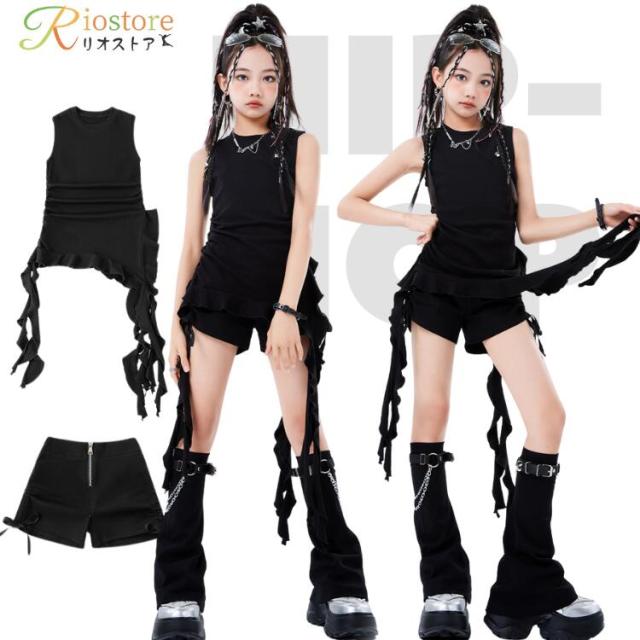 セットアップ キッズダンス トップス ショーツ 無地 黒 ブラック レッグウォーマー レディース 応援団 演出服 HIPHOPの通販は