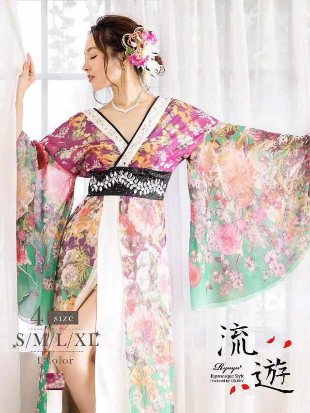 花魁 コスプレ 花魁コスプレ 衣装 着物ドレス 着物 和柄ドレス 和柄 ハロウィン 和装 キャバ ドレス キャバドレス 流遊 着