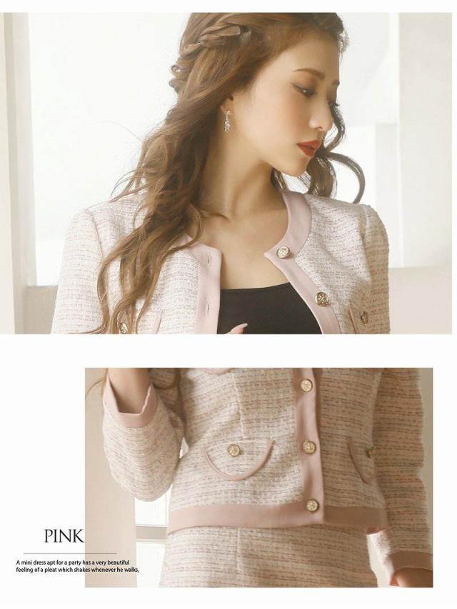 キャバスーツ Belsia ツイードスーツ 膝丈 ノーカラージャケット フォーマルスーツ ブルー キャバ スーツ キャバスーツ_3