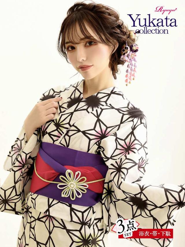浴衣 セット レディース ゆかた 帯 下駄 キャバ Ryuyu 麻の葉 白地