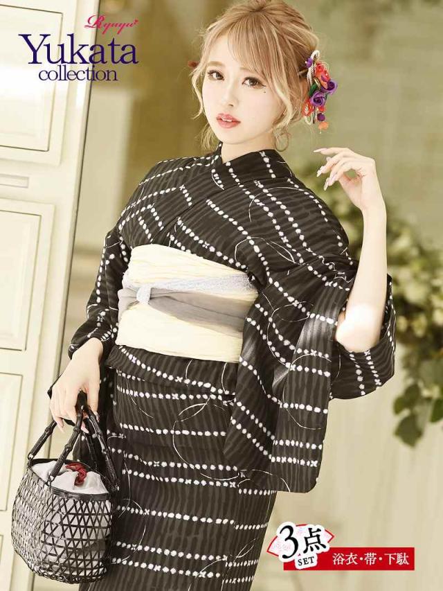 浴衣 セット レディース ゆかた 帯 下駄 キャバ Ryuyu 黒 古典柄 シンプル 落ち着いた
