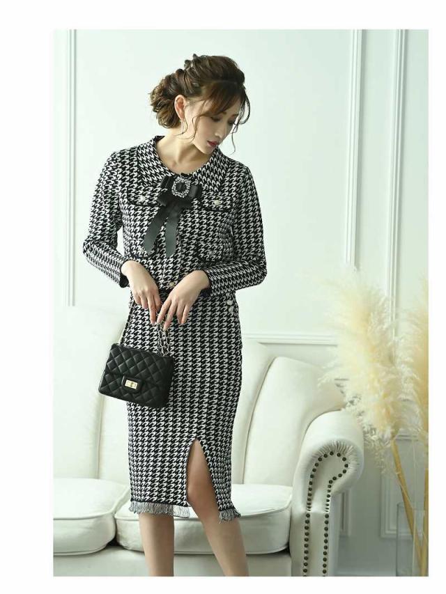 キャバスーツ 大きいサイズ コンパニオン 制服 ママ スーツ フォーマル 式 Belsia 千鳥柄 式スーツ 上品 ニット 