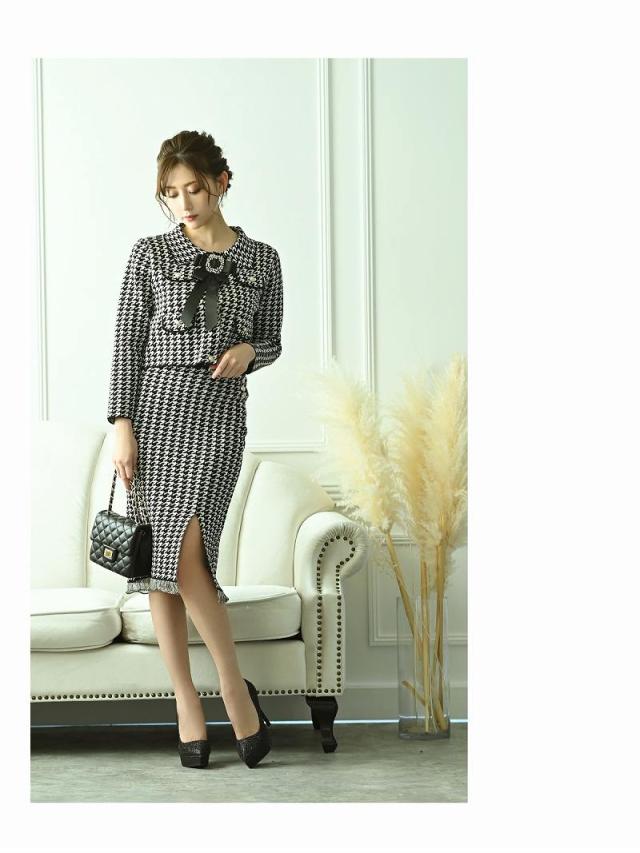 キャバスーツ 大きいサイズ コンパニオン 制服 ママ スーツ フォーマル 式 Belsia 千鳥柄 式スーツ 上品 ニット 