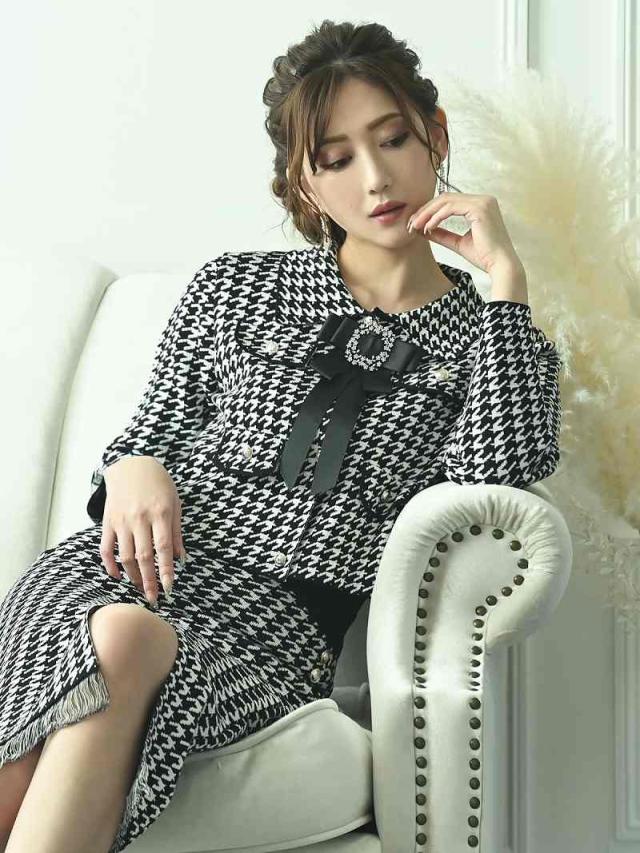 キャバスーツ 大きいサイズ コンパニオン 制服 ママ スーツ フォーマル 式 Belsia 千鳥柄 式スーツ 上品 ニット 