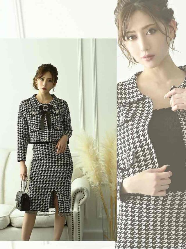 キャバスーツ 大きいサイズ コンパニオン 制服 ママ スーツ フォーマル 式 Belsia 千鳥柄 式スーツ 上品 ニット 