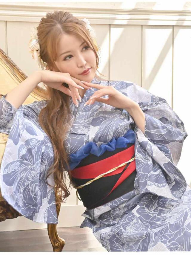 キャバ浴衣 Ryuyu 浴衣 ネイビー 椿 大人 上品 浴衣 セット レディース