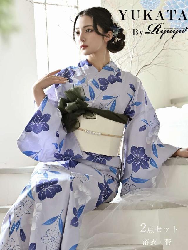 浴衣 セット レディース ゆかた 帯 下駄 キャバ Ryuyu 浴衣 ブルー 百合 綺麗 の通販は