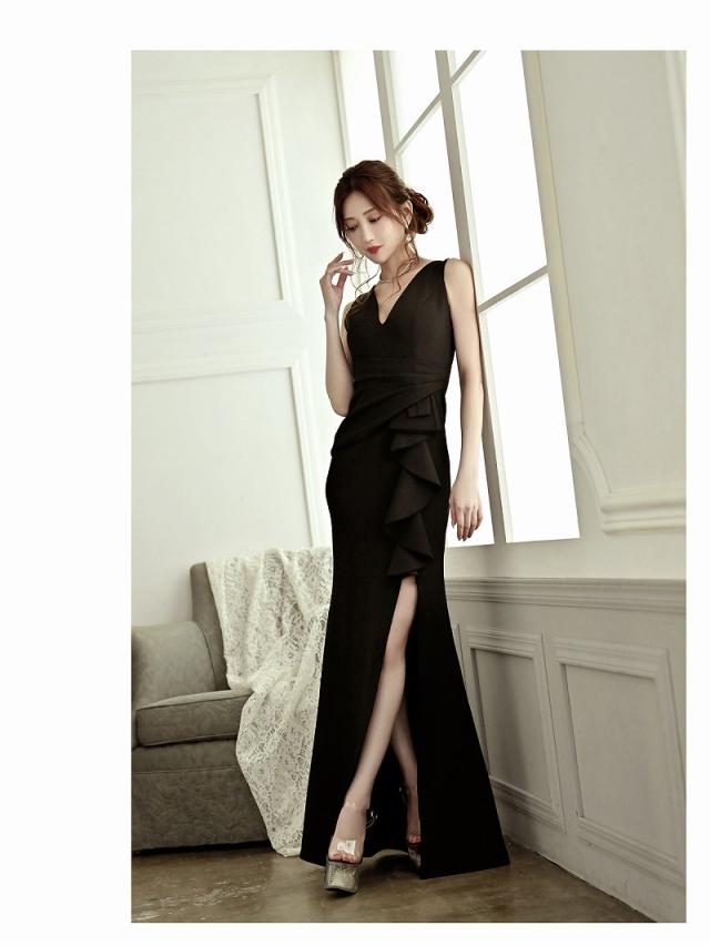 一部予約販売 ロングドレス Belsia 高級感 Vネック 美脚 体型カバー