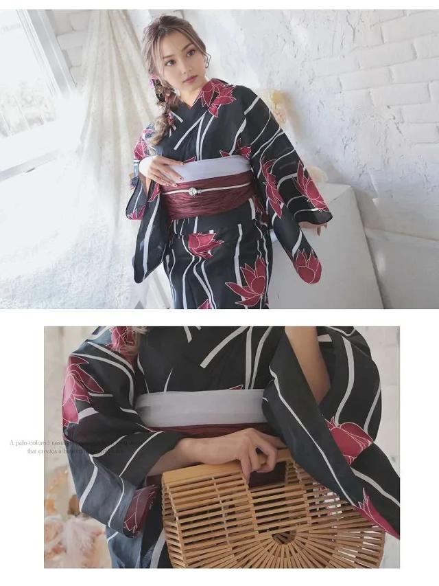 キャバ浴衣 Ryuyu 黒 花柄 大柄 レトロモダン ブラック 浴衣 セット