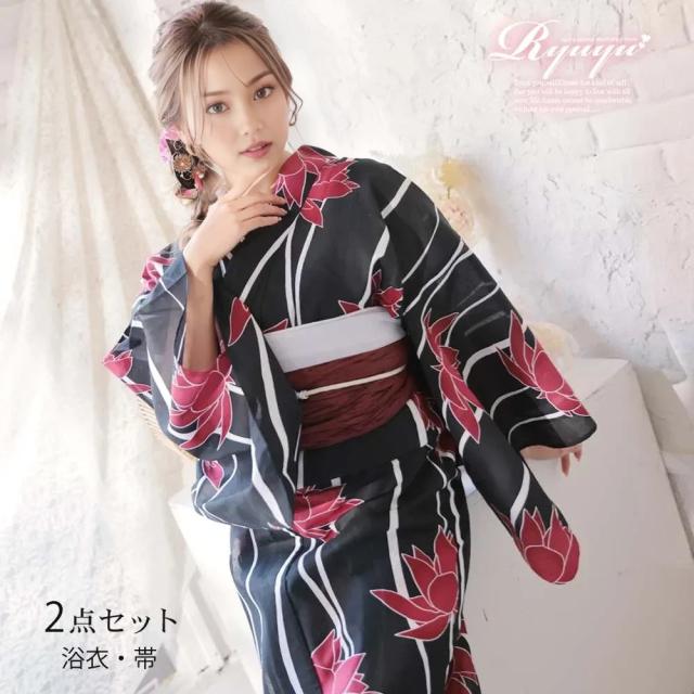 キャバ浴衣 Ryuyu  黒 花柄 大柄 レトロモダン ブラック 浴衣 セット レディース 浴衣レディース レディース浴衣 ゆか