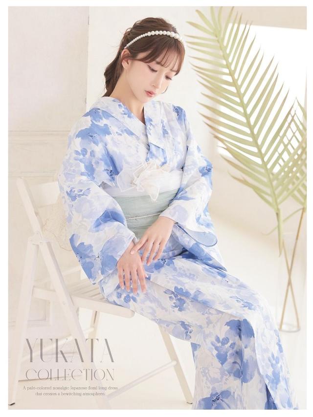 キャバ浴衣 Ryuyu  白 青 グラデーション フラワー 上品 浴衣 セット レディース 浴衣レディース レディース浴衣 ゆか_3