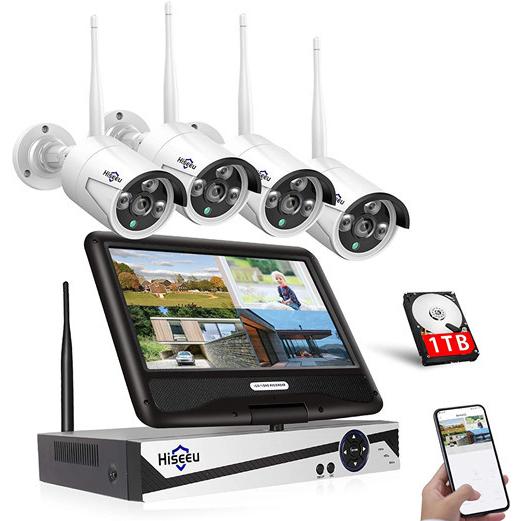 ワイヤレス防犯カメラセット Hiseeu 屋外セキュリティカメラ 10.1イン NVR 8チャンネルまで増設可 カメラ4台 300万画素 遠隔監視 HIS-B07Q2XL2VRの通販は