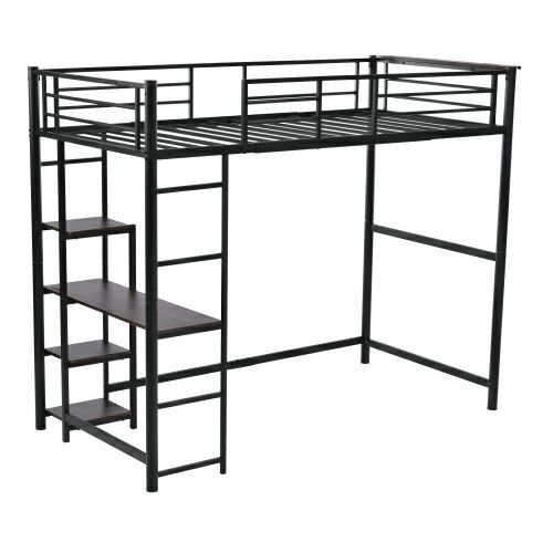 ロフトベッド ブラック パイプベッド シングル 木 デスク付き コンセント付き 耐荷重150kg 高さ170cm 収納棚 ロフトベッド ハイタイプ はしご付き 北欧風 子供部屋 送料無料 スチール 耐震 ベッド パイプベッド  LPP-WF305885AAAの通販は