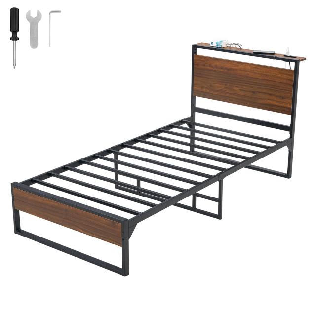 ベッドフレーム ブラウン シングルベッド ベッド パイプベッド 頑丈なスチルパイプ 耐荷重200kg 2口コンセント付き 快速充電 ヘッドボード高さが2段階調整可能 通気性よい 12本の頑丈なサポートバー 適当間隔 痛感ない お手入れ簡単 コンパクト HQ-MT-CJ-BR-97の通販は