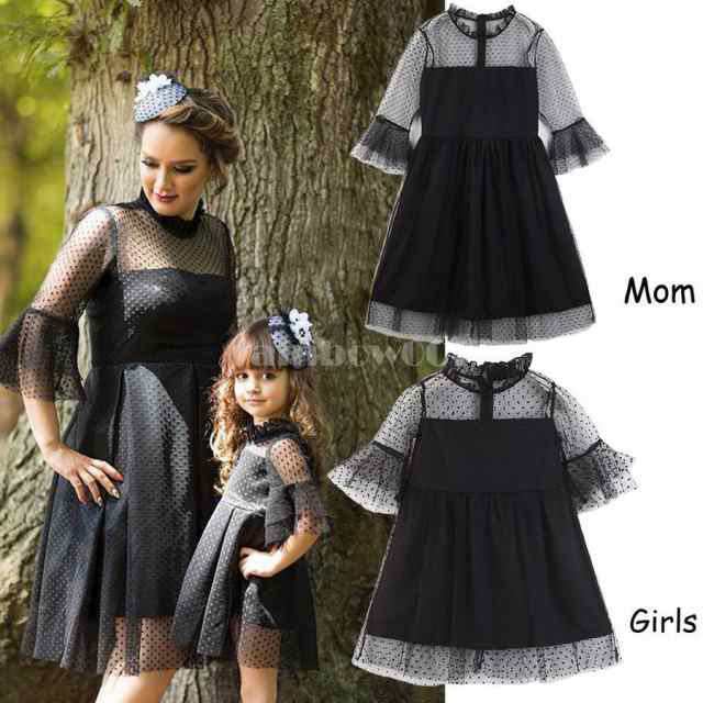 ママとキッズお揃い親子コーデブラックドット柄ワンピースレース親子お揃いペアルックカップル服姉妹お揃いフォーマルドレス結の通販は
