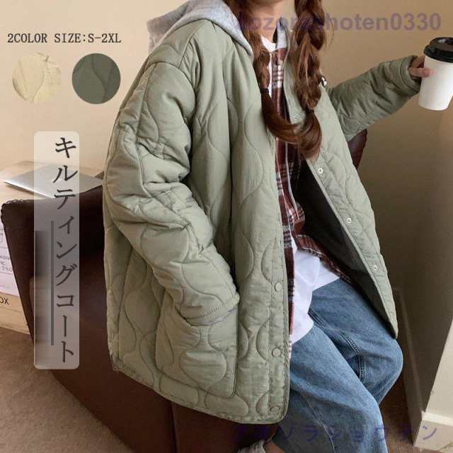 キルティングコート レディース コート ジャケット キルティング 中綿コート 軽い 防寒 キルティングジャケット ロング ノーカラー フーの通販は