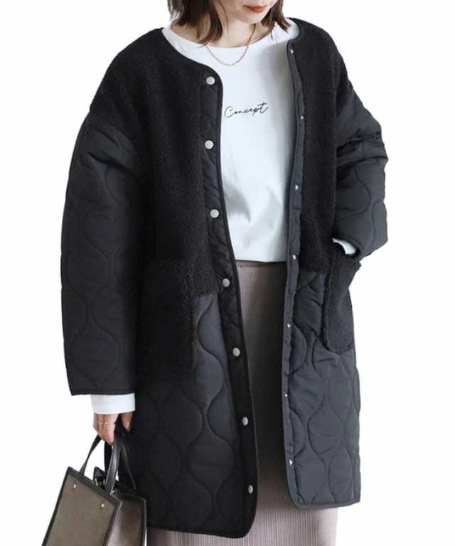 [] キルティングコート レディース 切り替え 異素材ドッキング 軽量 ノーカラーコート ボア ロングコート 大きめ ゆったり 楽ちん 体型カバー 秋冬 防寒の通販は