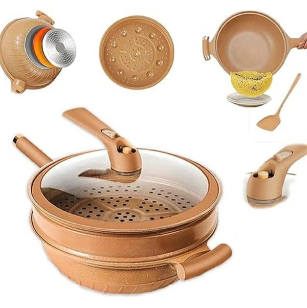 陶土 くっつかない フライパン 多機能天然陶土 微圧 速煮込み フライパン 焦げ付かない 軽量 手入れが簡単 熱ムラなし こびりつかない 軽煙 少油 洗いやすい オール熱源対応 炒める 耐高温 小型バルブ付き 32CM 粘土くっつかないフライパンの通販は