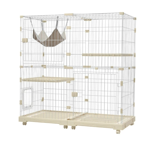 猫 ケージ キャットケージ 2段 幅広設計 自由組み合わせ 猫ドア付き