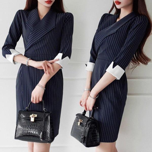 ワンピース レディース 40代 きれいめ 膝丈ワンピース 春夏 七分袖ワンピース デーライト襟 ボーダー柄 タイトスカート オシャレ韓国風 OL 大人上品 30代 着痩せの通販は 4,952円