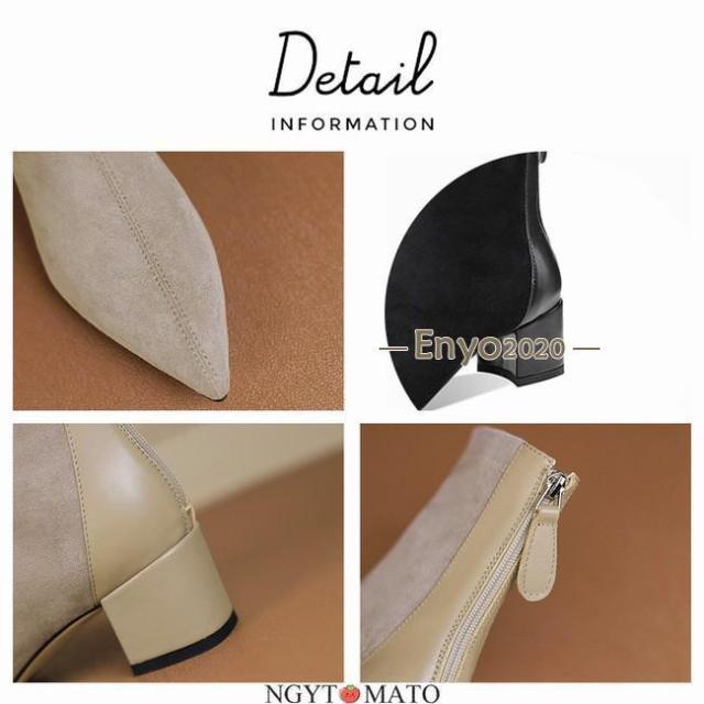 ソックスブーツ レディース ショートブーツ ショート丈 ポインテッドトゥ 太めヒール バックジッパー スエード調 黒 ブーツ 履きやすい 歩きやすい おしゃれの通販は