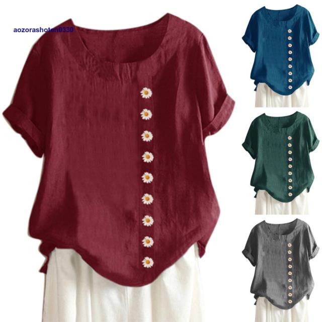 シャツブラウス シャツ トップス プルオーバー ブラウス レディース ロング丈 半袖 Uネック 花柄 柄 プリント 綿麻 綿混 通気性 大きいサイズ ゆったり 夏 30代の通販は 5,075円