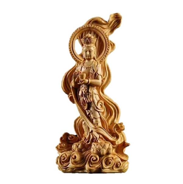 茶碗　後光　透かし背景 数珠 観音像 観音菩薩 立像 木彫り 仏像 置物 仏壇　高級天然ツゲ木彫り 透かし彫り　唐草光背 風水　風水グッズ　金運　プレゼント 贈り物 開店祝い 開店 お店 ショップ 会社の通販は 11,384円