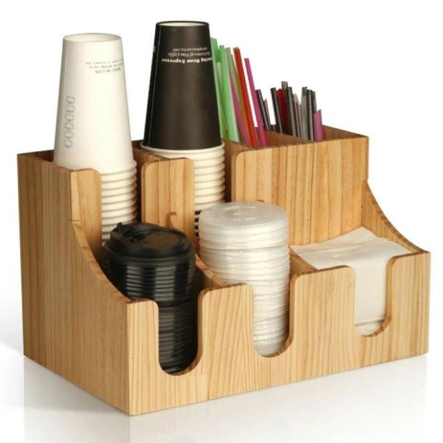 紙コップホルダー カップスタンド カップホルダー カップディスペンサー 紙カップと蓋収納 コーヒーカップ/調味料/シュガー/ストロー入れホルダー (木製)
