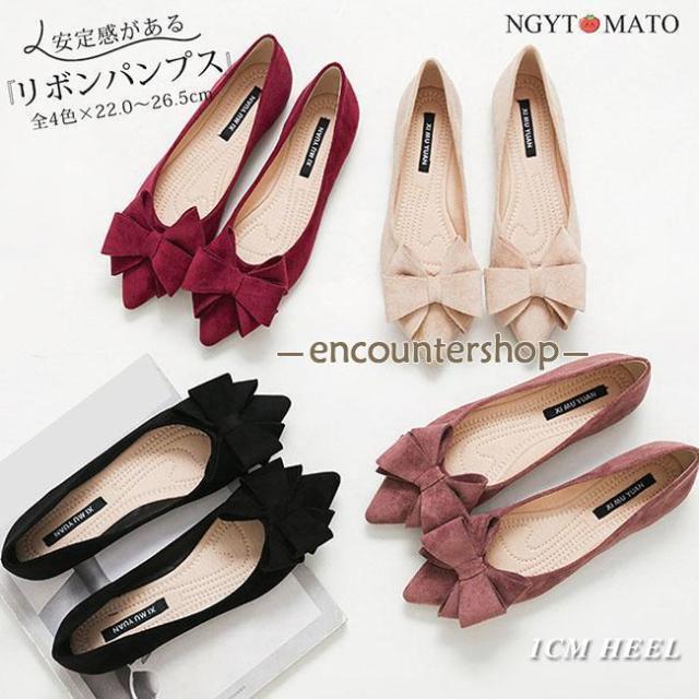 パンプス リボン フラットヒール ポインテッドトゥ レディース スエード調 おしゃれ 可愛い 大人 カジュアル 歩きやすい 通勤 通学 美脚 韓国風 軽量 黒の通販は 5,054円