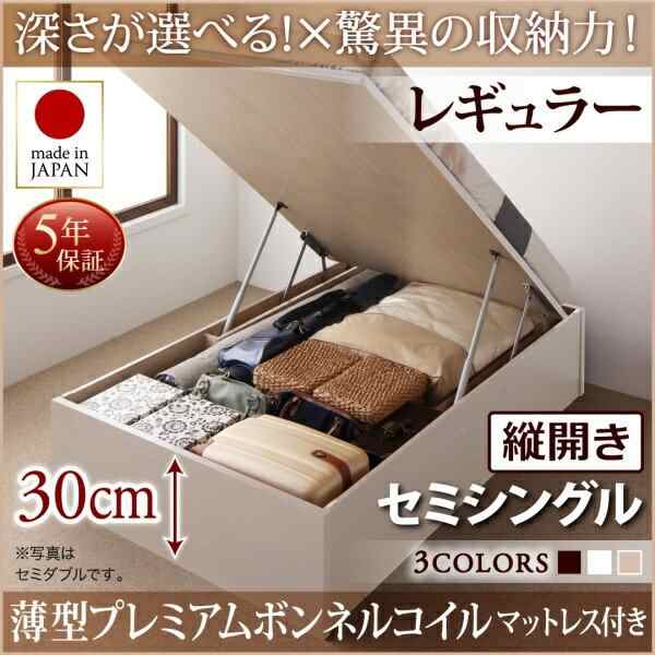 組立設置付 モダンライトガス圧式跳ね上げ収納ベッド 薄型プレミアムポケットコイルマットレス付き 横開き セミシングル 深さグランド