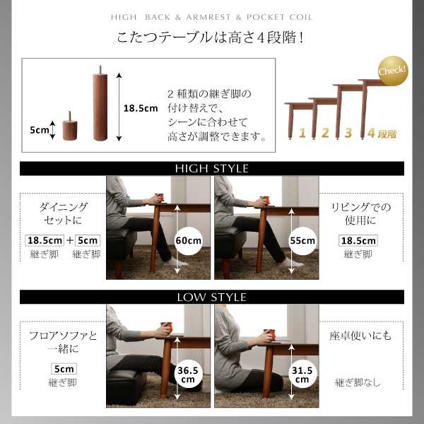 こたつ おしゃれ 高さ調節可能 肘付ハイバックこたつソファダイニング