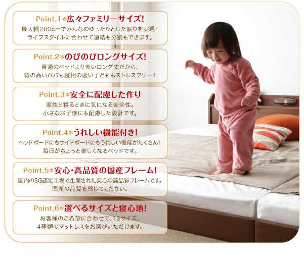 棚・照明・コンセント付ロング丈連結ベッド ベッドフレームのみ ワイド 