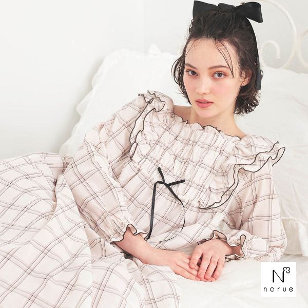 ナルエー NARUE パジャマ 50/ダブルガーゼガーリーチェックワンピース ルームウェア ワンピース ドレス 綿100％ ロング ネ 送料無料
