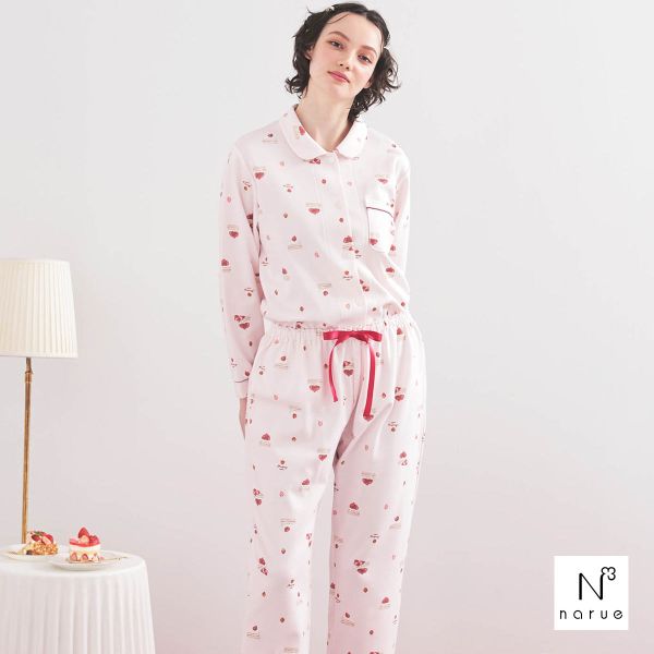 ナルエー パジャマ エアーニットプリン＆ショートケーキシャツパジャマ ルームウェア ロングパンツ 長袖 上下セット NARUE 送料無料
