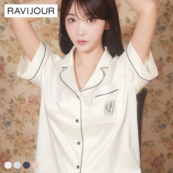 ラヴィジュール RAVIJOUR サテンシャツ ショートスリーブ セットアップ ルームウェア 半袖 パジャマ ナイトウェア 送料無料