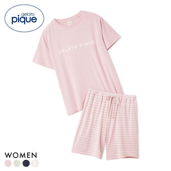 【送料無料】 ジェラートピケ レディース レーヨンロゴTシャツ＆ボーダーショートパンツセット 上下セット ジェラピケ ルームウェア gela_14