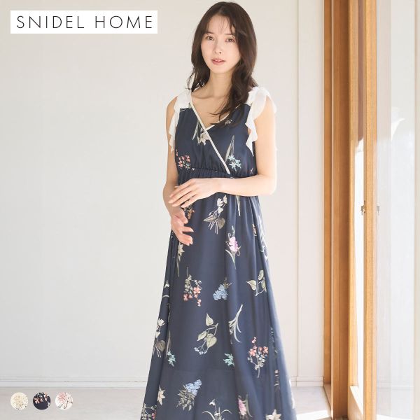 スナイデルホーム 肩リボンプリントロングワンピース カップイン パッド付き パジャマ ルームウェア SNIDEL HOME 送料無料
