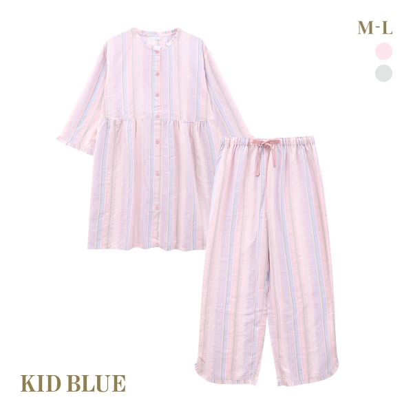キッドブルー 25CRサッカーストライプ ルームウェア 8分袖 ロングパンツ 上下セット パジャマ KID BLUE 送料無料