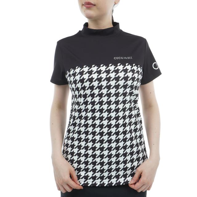セシルマクビー 緑であること CECIL McBEE green ハウンドトゥース うつり変わりモックネック半袖プルオーバー レディス