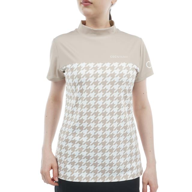 セシルマクビー 緑であること CECIL McBEE green ハウンドトゥース うつり変わりモックネック半袖プルオーバー レディス