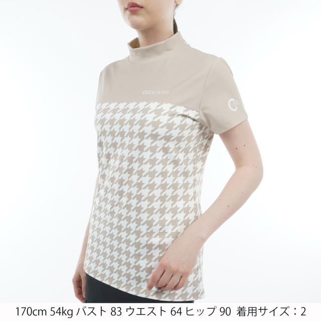 セシルマクビー 緑であること CECIL McBEE green ハウンドトゥース うつり変わりモックネック半袖プルオーバー レディス