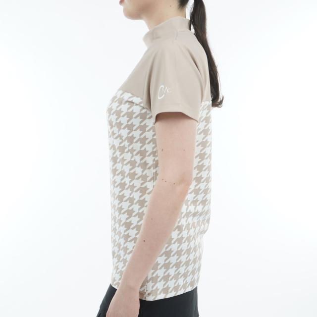 セシルマクビー 緑であること CECIL McBEE green ハウンドトゥース うつり変わりモックネック半袖プルオーバー レディス