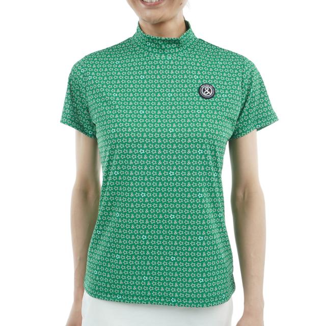 アンパスィ　and per se　ストレッチ ソルケア3Dプリンテッド モックネック半袖シャツ　レディス