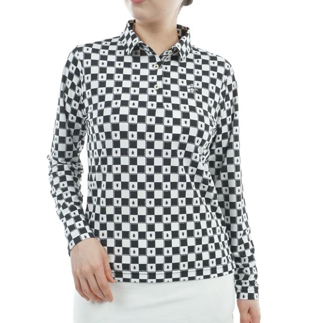 マンシングウェア　Munsingwear　ストレッチ ブロックチェック柄プリント長袖ポロシャツ　レディス