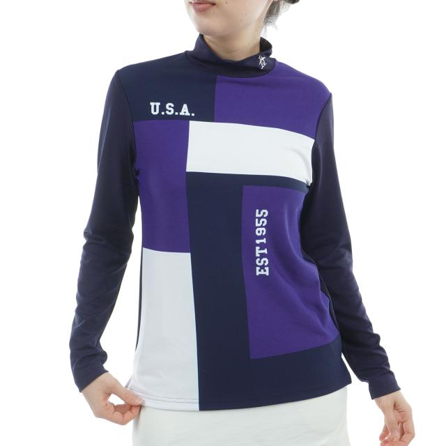 マンシングウェア　Munsingwear　ストレッチ 裏起毛 パネルプリントハイネック長袖シャツ　レディス