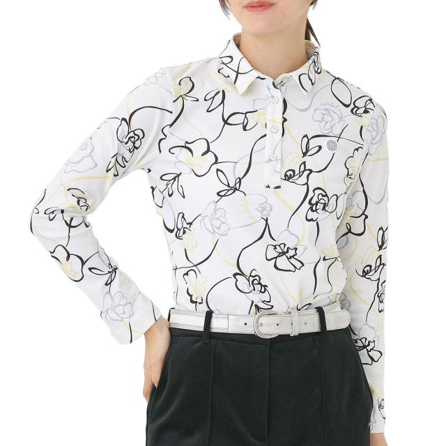 アダバット　adabat　ストレッチ 裏起毛ドローイングフラワー長袖ポロシャツ　レディス